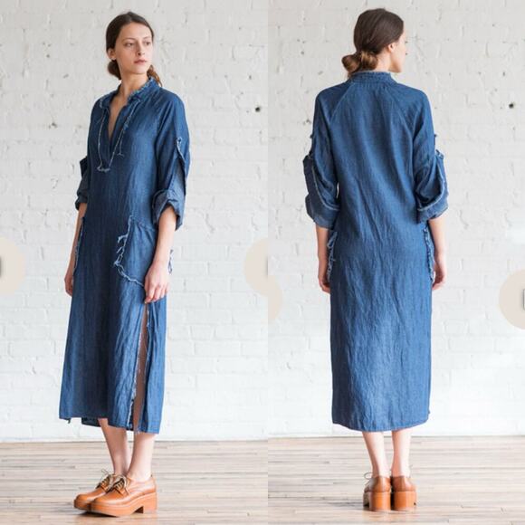 Raquel Allegra Denim Lightweight Maxi Length Tunic Frayed Hem Distressed Small - Picture 1 of 16